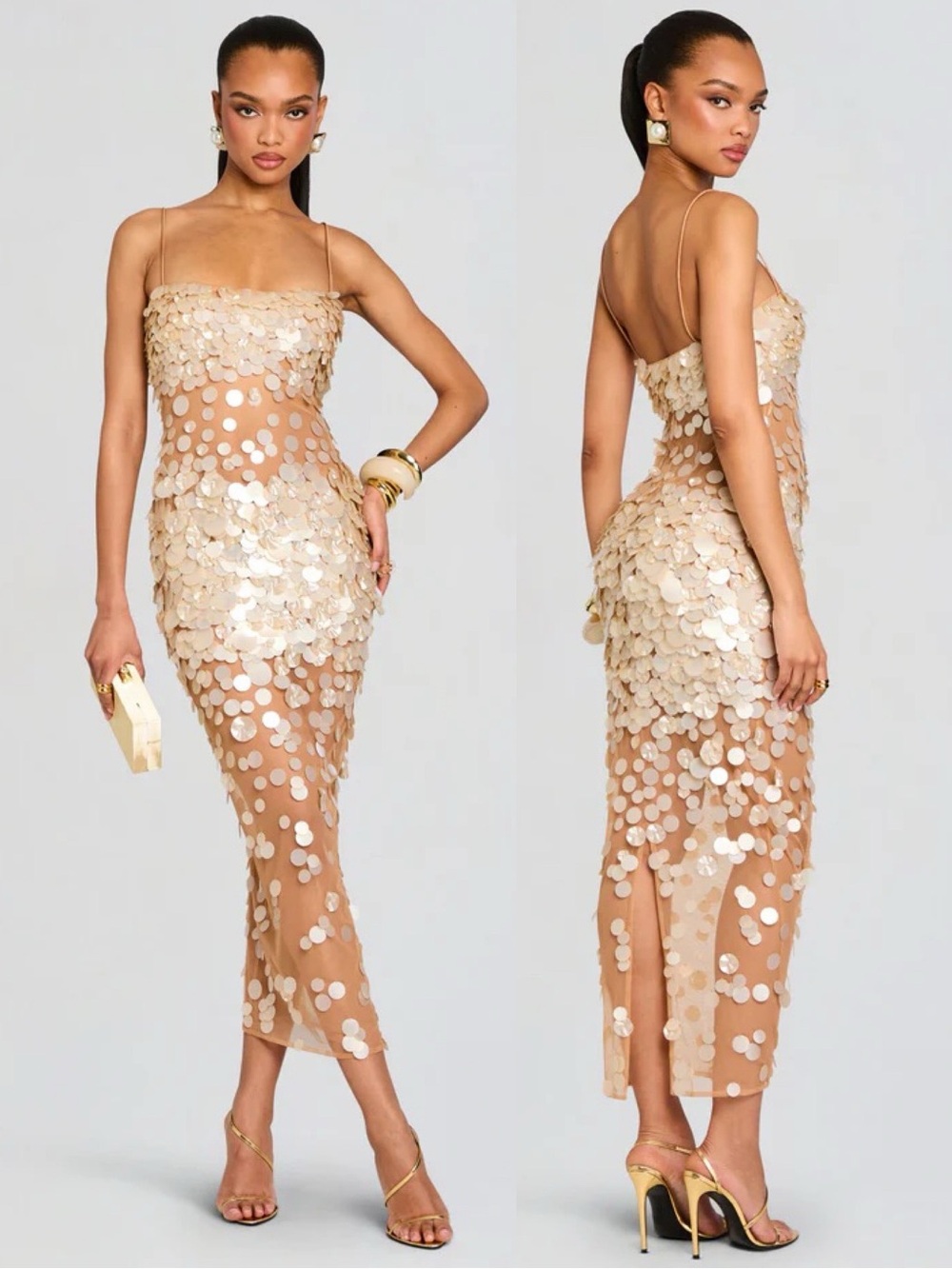 Retrofete Mischa Iridescent Sequin Embellished Tulle Dress Nude Champagne